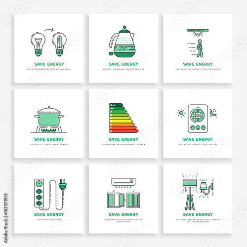 Vector posters save energy during everyday use of the home. Set of banners concept-saving energy consumption.