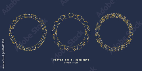 Set of modern geometric circular frames for text of gold glitter on a dark background. Vector illustration