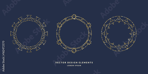 Set of modern geometric circular frames for text of gold glitter on a dark background. Vector illustration
