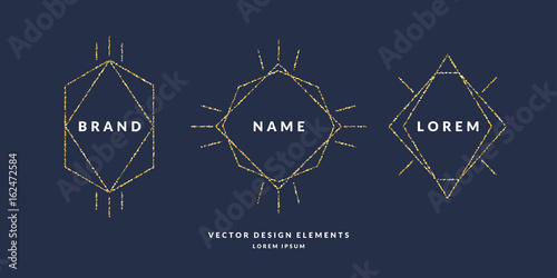 Set of modern geometric framework for text of gold glitter on a dark background. Vector illustration