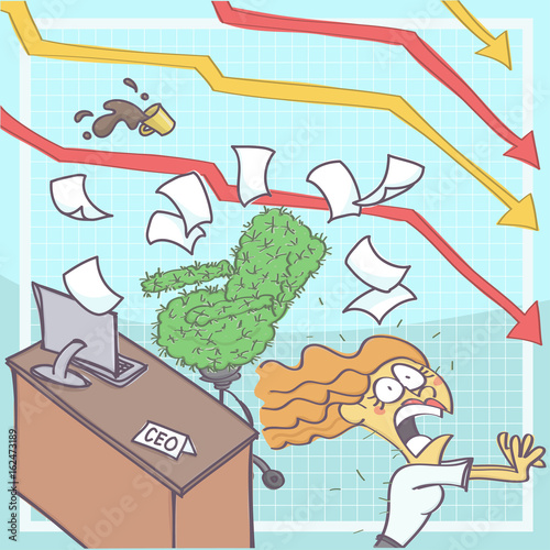 Funny cartoon illustration of business woman or chief executive panicking and running from office with cactus chair, chart arrows in the background showing business downfall