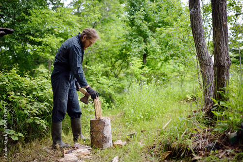 The woodcutter cuts firewood in the wood © Anastasiia