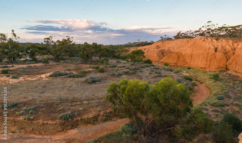 Australian outback landscape at sunset. South Australian rural scenery at Red Banks Conservation Park