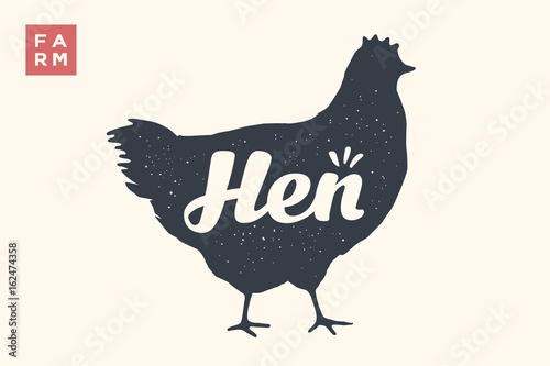 Farm animals set. Isolated Hen silhouette and words Hen, Farm. Creative graphic design with lettering Hen for butcher shop, farmer market. Poster for animals theme. Vector Illustration
