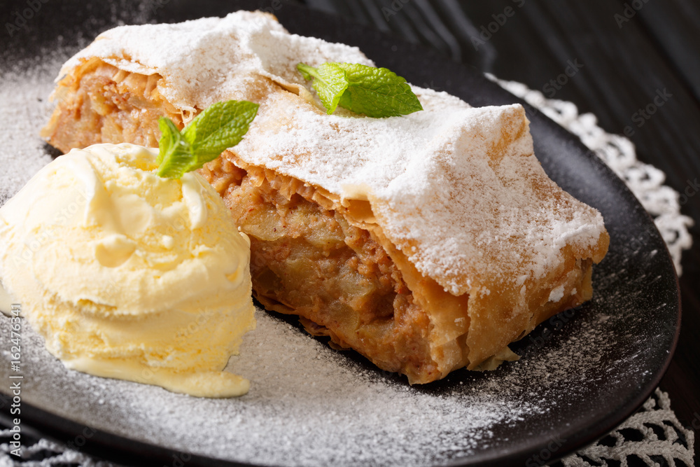 Apple strudel sprinkled with powdered sugar with ice cream and mint closeup. horizontal