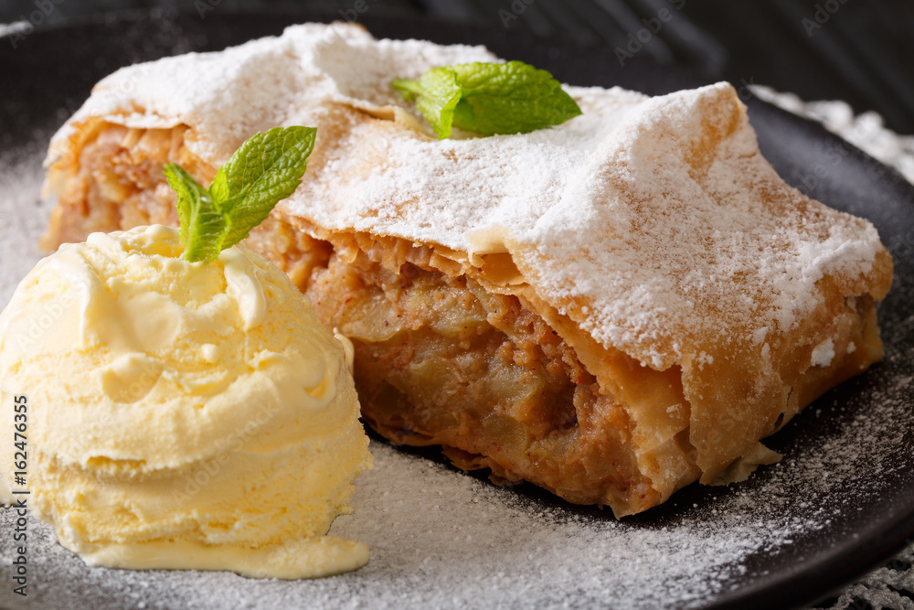 Austrian traditional apple strudel with ice cream and mint closeup. Horizontal Austrian traditional apple strudel with ice cream and mint closeup. Horizontal
