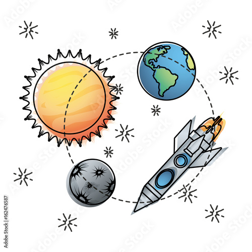 sun and earth with mercury and rocket exploration vector illustration