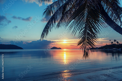 Fototapeta Naklejka Na Ścianę i Meble -  Magnificent beautiful bright tropical sunset, sun, palms, sandy beach