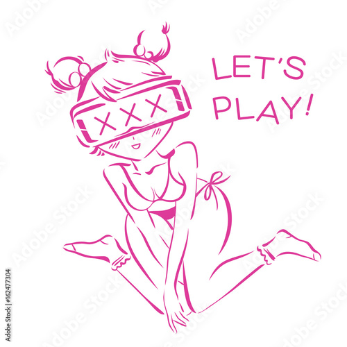 Sexy girl in virtual reality glasses, adult VR advertising concept. Vector illustration