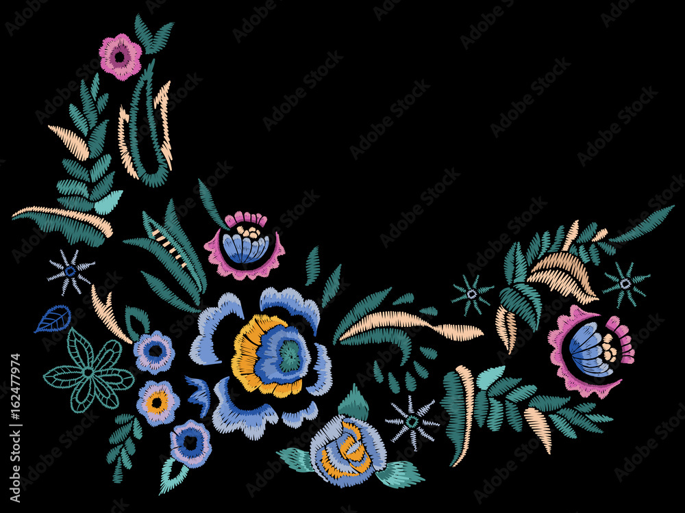 Embroidery folk neck line pattern with blue roses.