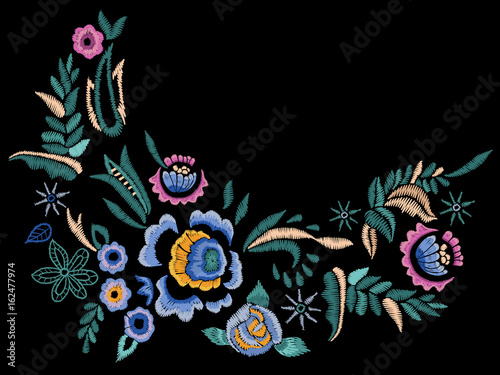 Embroidery folk neck line pattern with blue roses.