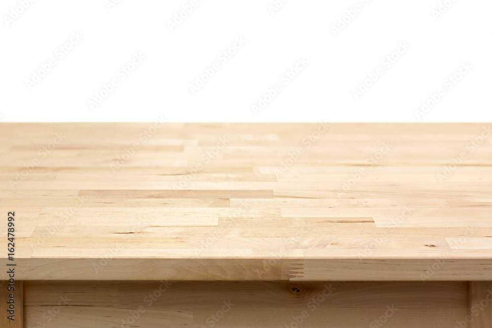 Empty wood table top on white background