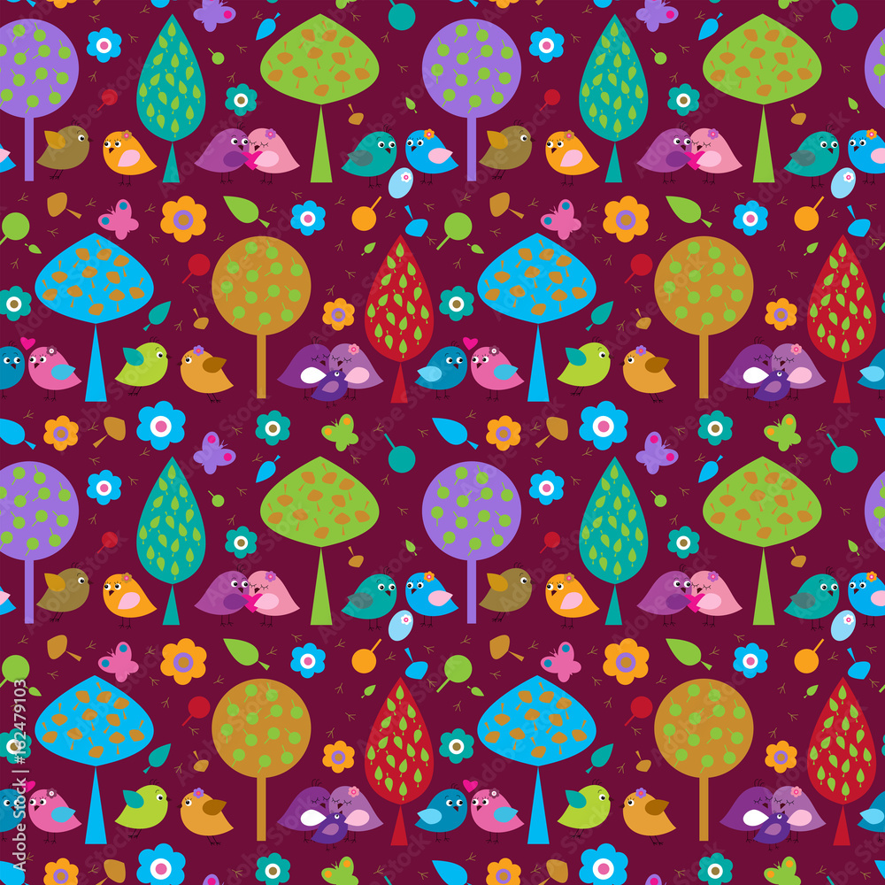 Cute seamless decorative background with birds in the forest Cute seamless decorative background with birds in the forest