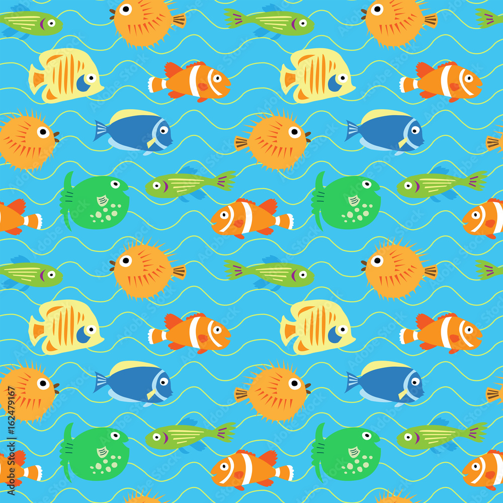 Seamless decorative background from multi-colored tropical fish