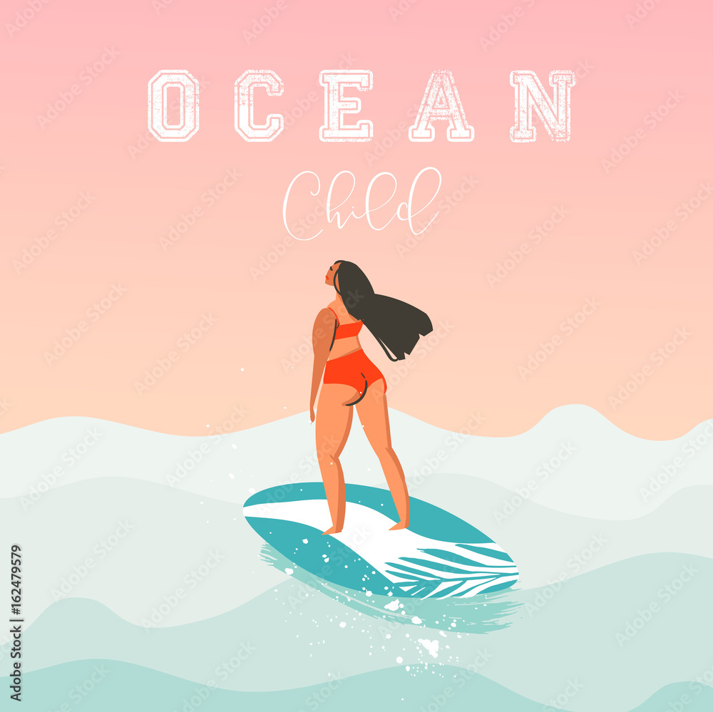 Hand drawn vector abstract cute summer time beach surfer girl illustration with red bikini,surfboard and modern calligraphy quote Ocean child isolated on sunset background.