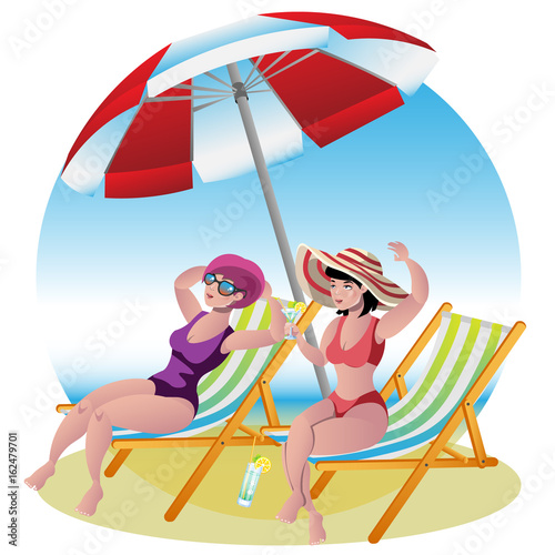 Girl sitting on deck chair by the sea.