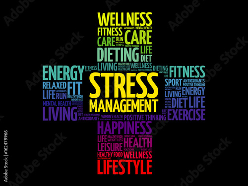 Stress Management word cloud, health cross concept