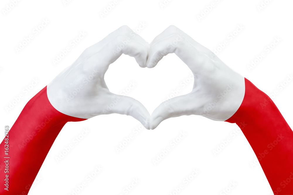 Obraz premium Hands flag of Poland, shape a heart. Concept of country symbol, isolated on white.