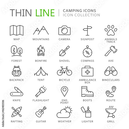 Collection of camping thin line icons