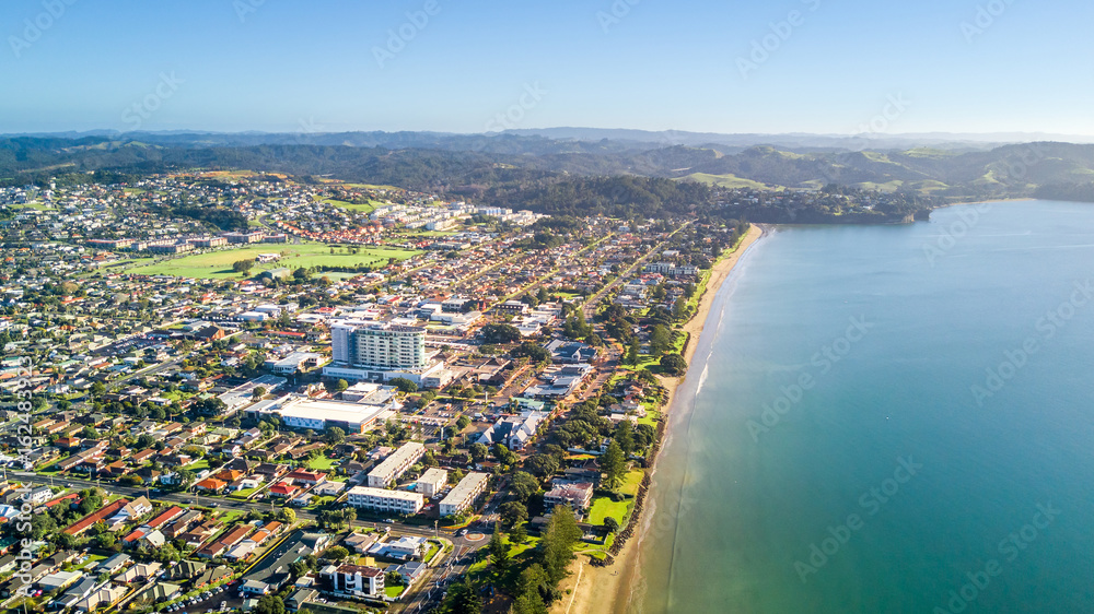Fototapeta premium Aerial view on sunny beach with residential suburb on the background. Auckland, New Zealand.