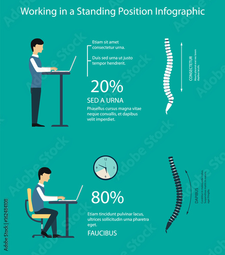 Work sitting and standing infographic with the illustration of the spine. Benefits of a standing desk