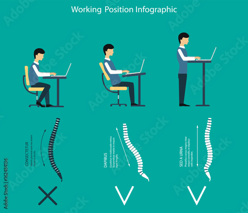 Working in standing position vector illustration. Benefits of a standing desk