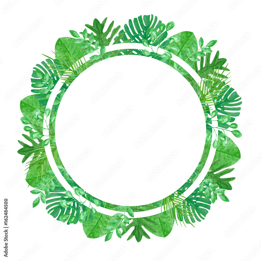 Tropical Leaves Watercolor Circle Round Frame Template