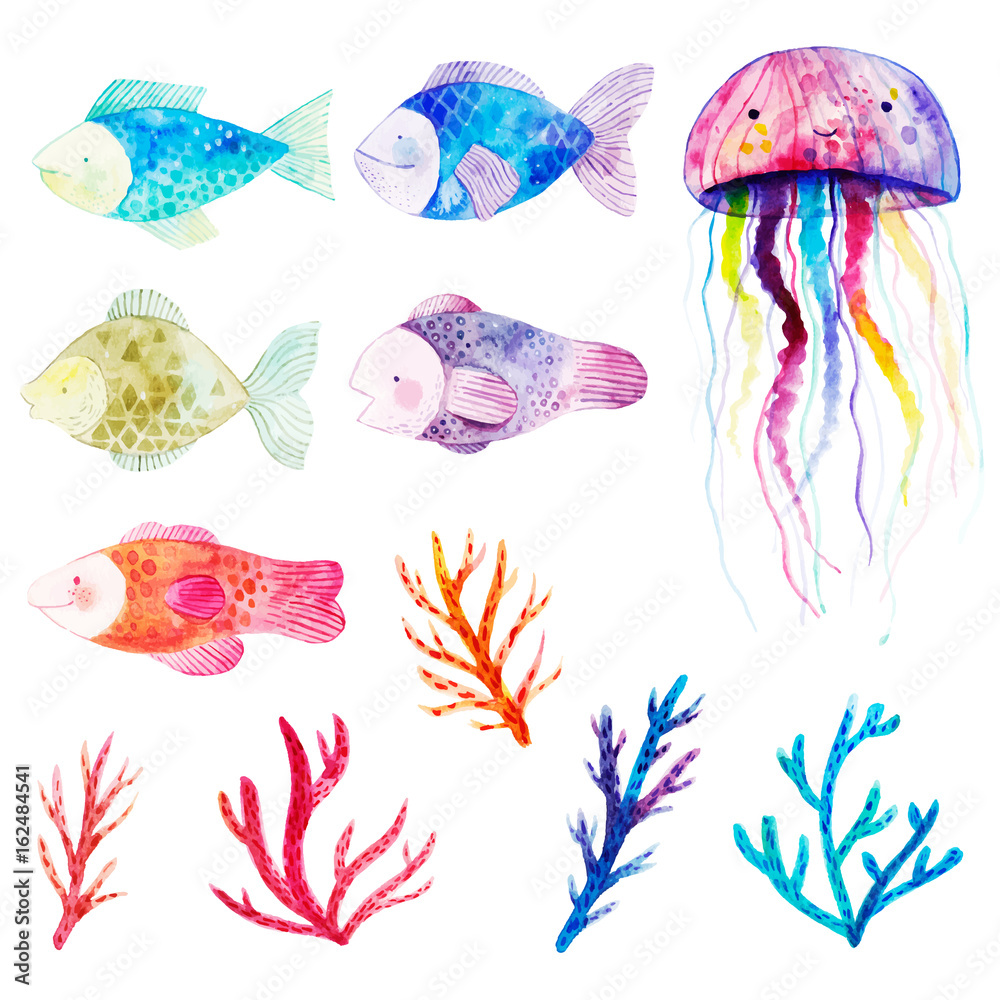 Naklejka premium Watercolor set with fishes, seaweeds , corals and jellyfish. 