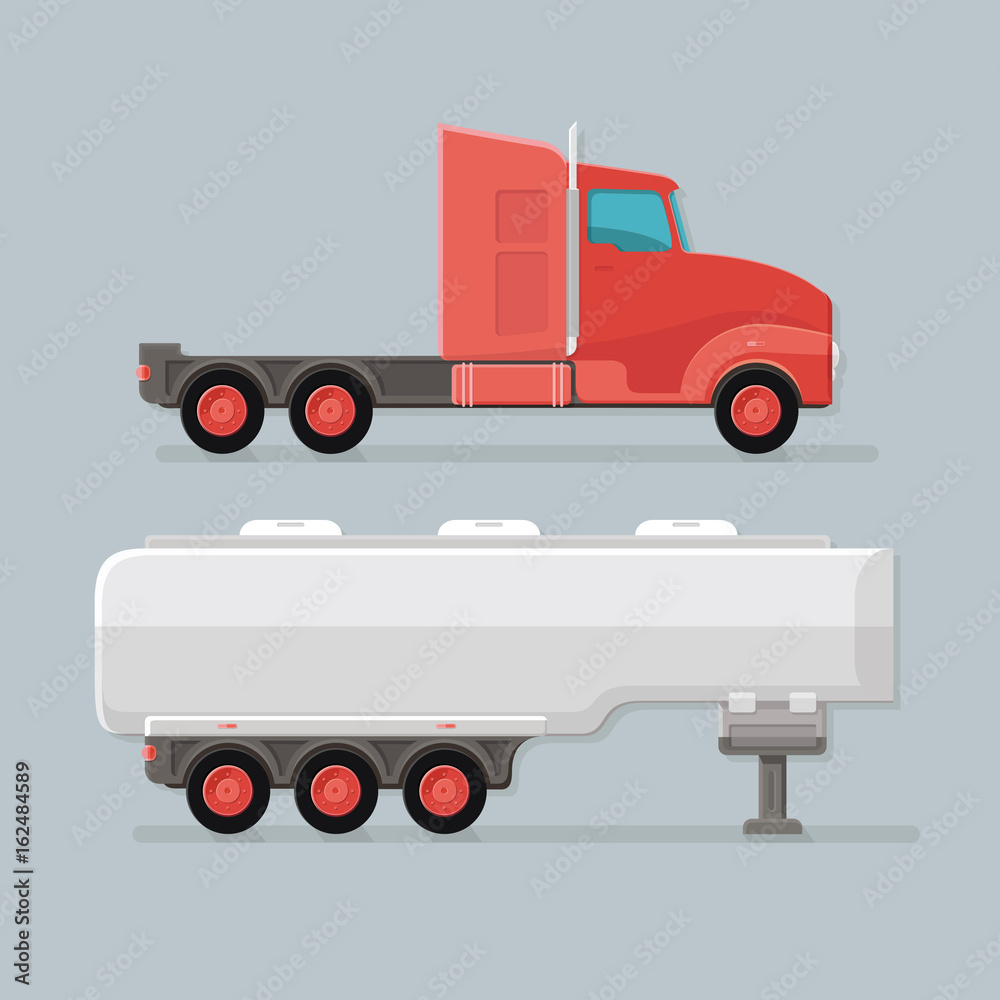 Modern petite Cargo Red Fuel Tanker Truck Trailer easy to edit vector template isolated on grey background. Delivery a large car. Flat icon illustration design Modern petite Cargo Red Fuel Tanker Truck Trailer easy to edit vector template isolated on grey background. Delivery a large car. Flat icon illustration design