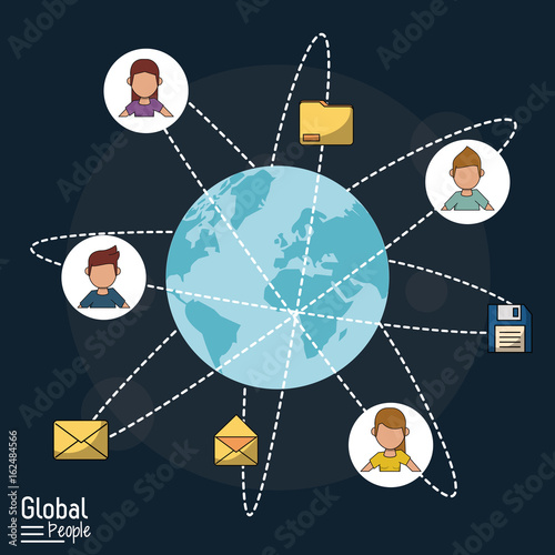 poster of global people with dark blue background with world globe and global communication links