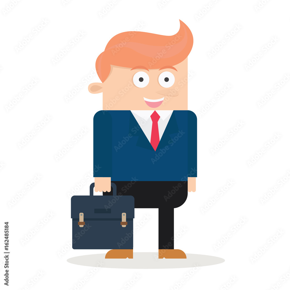 smiling cool caucasian businessman character ready go to work holding briefcase flat cartoon vector illustration