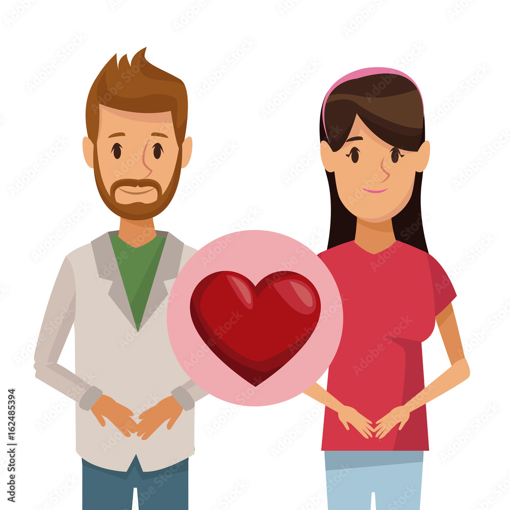 colorful poster half body couple bearded man and woman with icon of heart love concept colorful poster half body couple bearded man and woman with icon of heart love concept