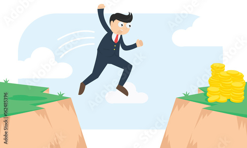 cool caucasian businessman character jump on the edge of a precipice for a money flat cartoon vector illustration