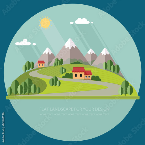 Beautiful rural landscape with houses and mountain views. The village road to the garden, field. Spring Summer Autumn. Flat design style vector illustration.