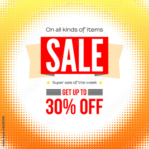 Summer selling ad poster. Get up to thirty percent discounts, Halftone pattern, graphic symbol of the sun, a yellow disk of the points, round spot shapes, vintage or retro graphic