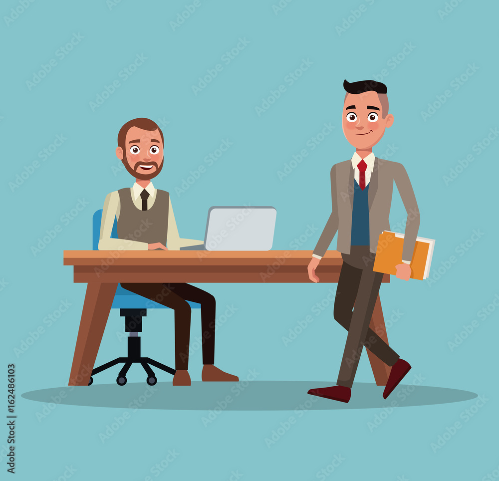 color background full body set of executive men in workplace and desk with laptop