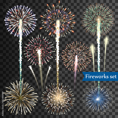 Set of isolated vector fireworks on transparent background