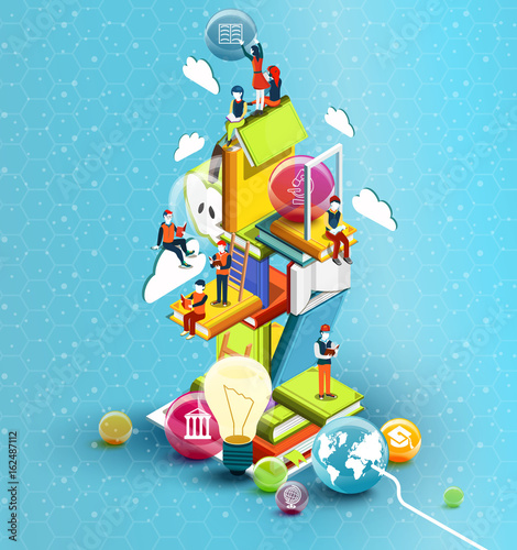 A tower of books with reading people.  Educational concept. Online library. Online education isometric flat design on blue background. Vector illustration