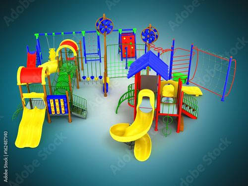 Children's playground concept red yellow blue green 3d render on blue background