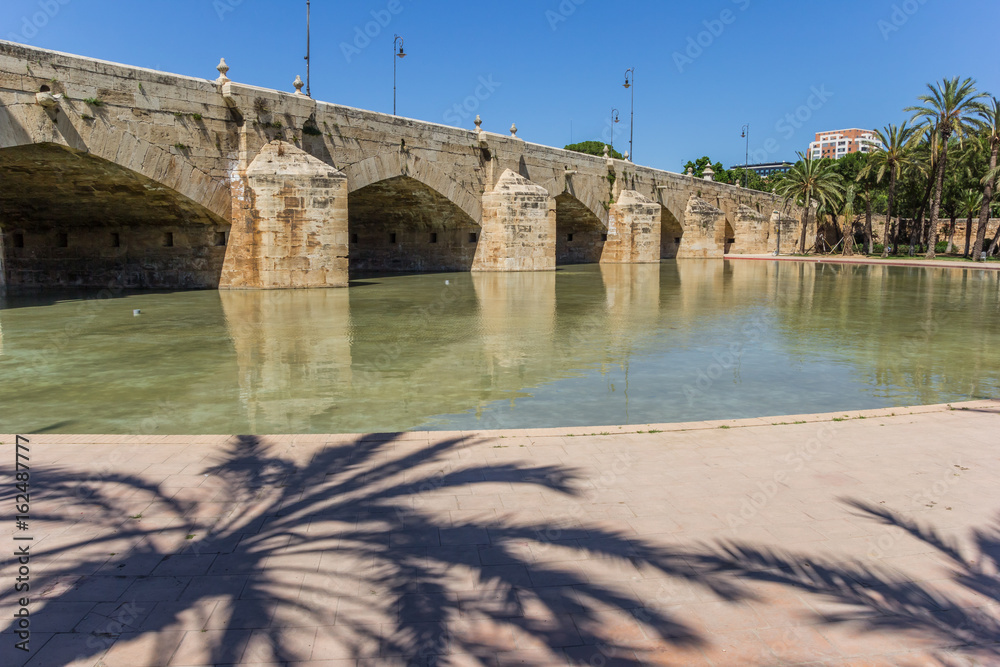 Historic Puente Del Mar bridge in a pond in Valencia