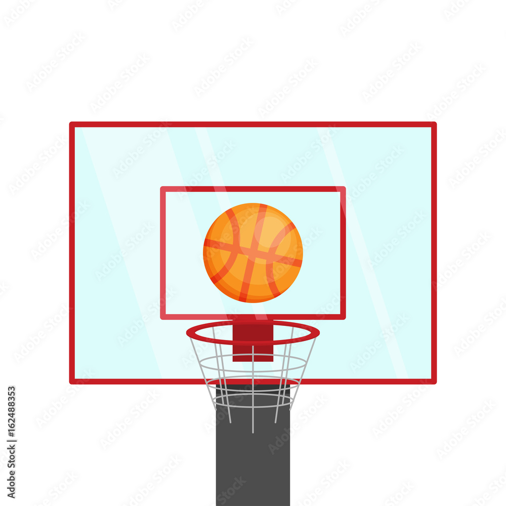 Flat style ball flies into the basket. Vector illustration isolated on white background Flat style ball flies into the basket. Vector illustration isolated on white background
