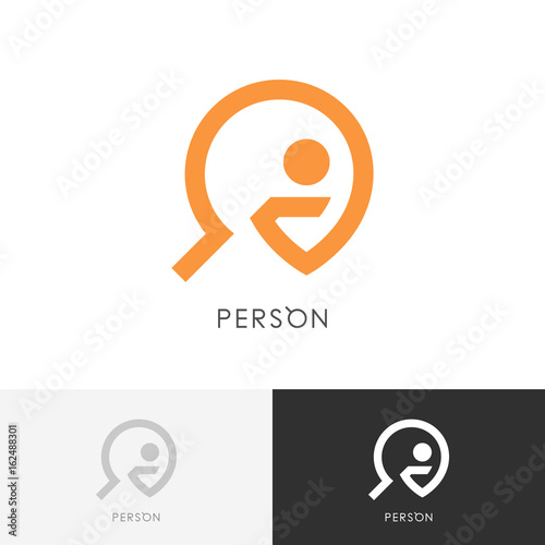 Person search logo - man or human and magnifier symbol. Employment agency, recruitment and job hunt vector icon.