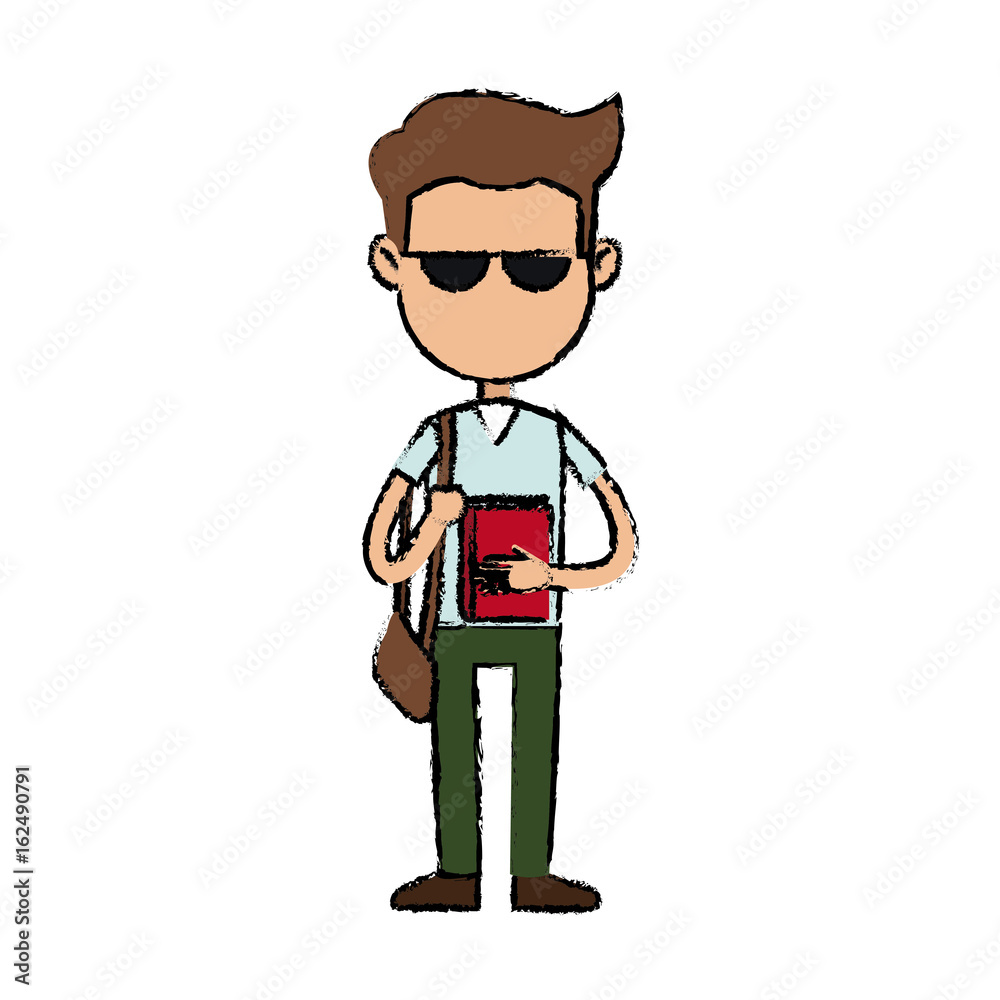 boy cartoon student character with sunglasses book bag