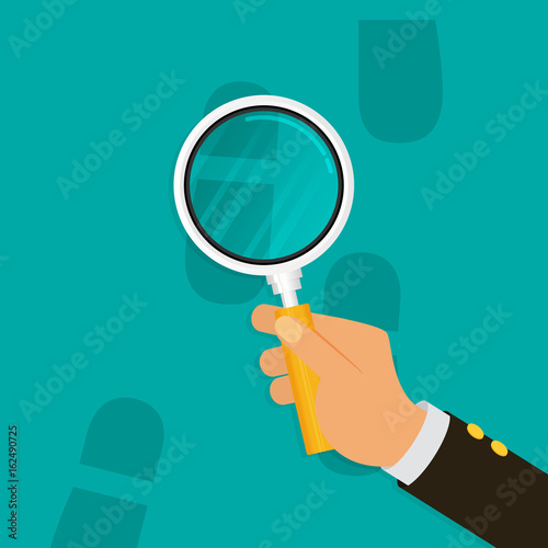 Flat hand holding a magnifying glass vector