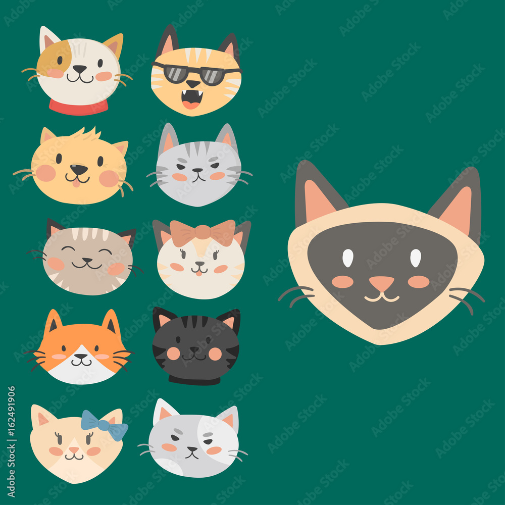 Cats heads vector illustration cute animal funny decorative characters feline domestic trendy pet drawn