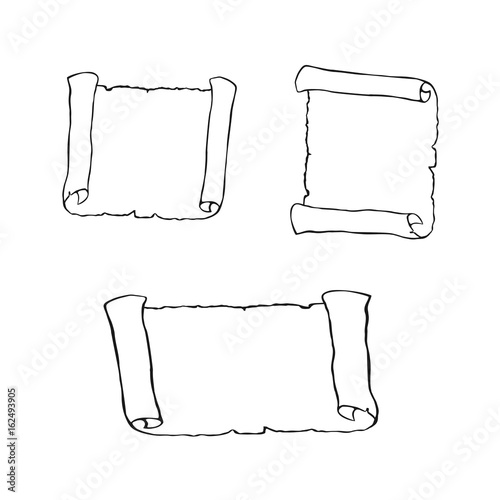Set of sketches of ancient scroll, isolated on white background. 