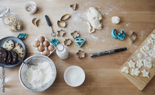 From above photo of ingredients for making pastry cookies on kitchen table.
