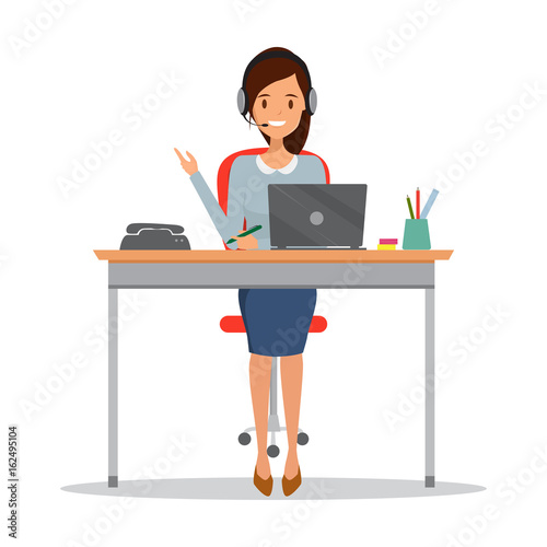 Operator of call center office working in headphones. Business woman working with a laptop.