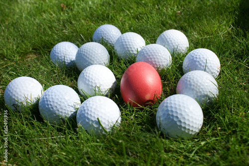 Integration-rotes Ei von Golfbällen umgeben