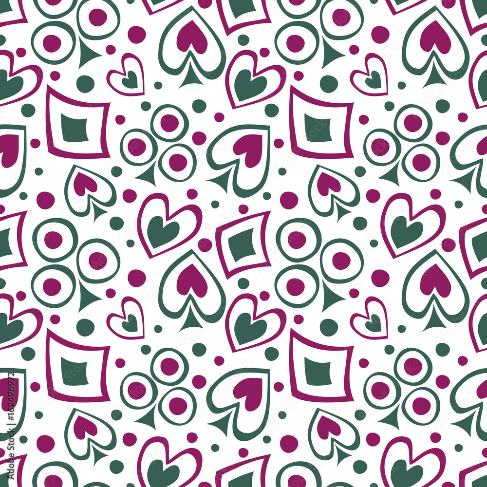 Seamless vector pattern with icons of playings cards. background with hand drawn symbols. Decorative repeat ornament. Series of Gaming and Gambling Seamless vector Patterns. Seamless vector pattern with icons of playings cards. background with hand drawn symbols. Decorative repeat ornament. Series of Gaming and Gambling Seamless vector Patterns.